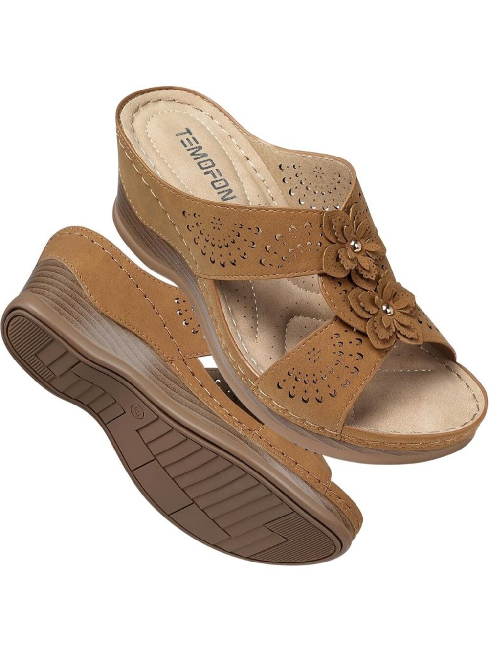 Women's Brown Wedge Sandals Leather Comfortable Walking Fit Wide Foot Shoes